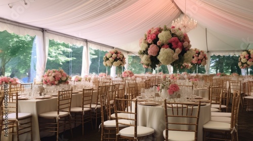 a large tent with beautiful candle lighting and pink linens inside Generative Ai