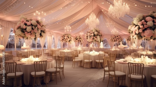 a large tent with beautiful candle lighting and pink linens inside Generative Ai