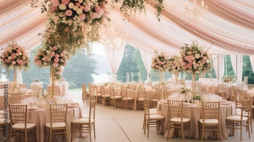 a large tent with beautiful candle lighting and pink linens inside Generative Ai
