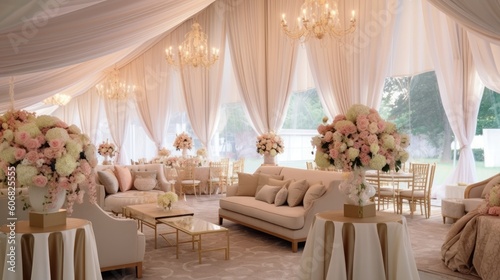 a large tent with beautiful candle lighting and pink linens inside Generative Ai