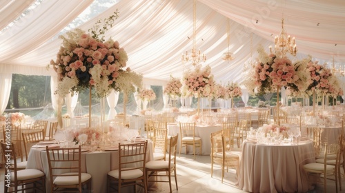 a large tent with beautiful candle lighting and pink linens inside Generative Ai