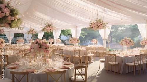 a large tent with beautiful candle lighting and pink linens inside Generative Ai