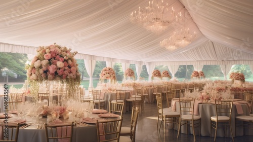 a large tent with beautiful candle lighting and pink linens inside Generative Ai