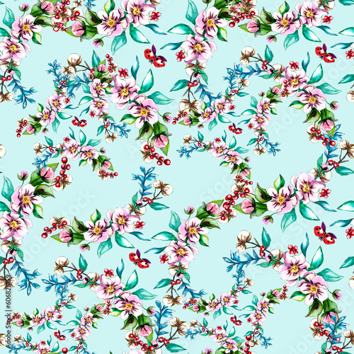 Seamless Pattern of hand drawn watercolor apple tree flowers and cotton branches.Isolated background.Design for wedding invitation, fabric, packaging, textile, cover, postcard, paper, greeting cards