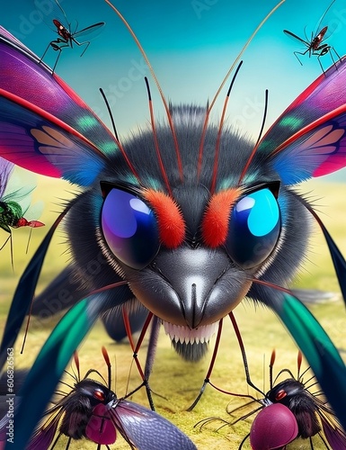 Multi colored mosquitoes fantasy A big, fierce face
