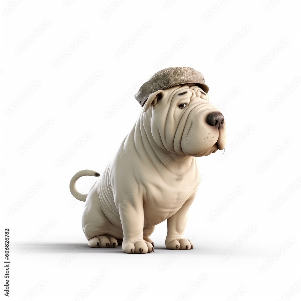Fototapeta premium Chinese Shar-Pei dog illustration cartoon 3d isolated on white. Generative AI