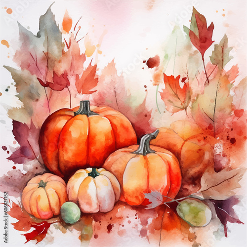 Thanksgiving watercolor illustration with pumpkins, desgn mockup  photo