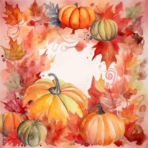 Thanksgiving watercolor illustration with pumpkins, desgn mockup  photo