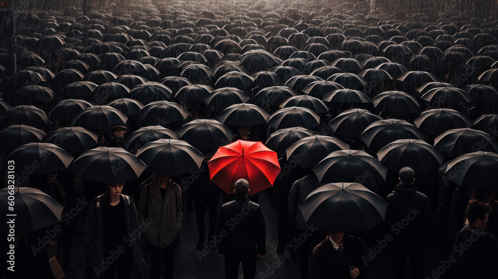 The Red Umbrella: Standing Out in a Sea of Black. Generative AI - obrazy, fototapety, plakaty 