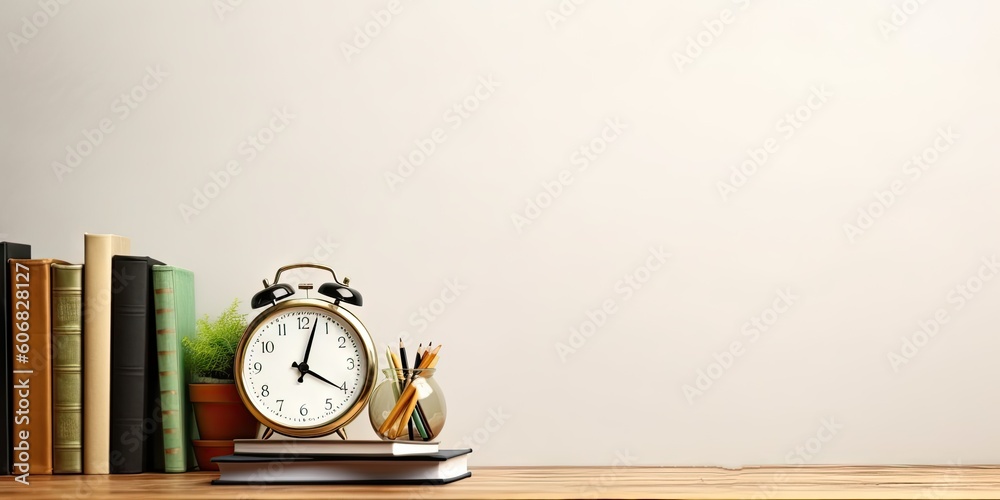 Alarm Clock and Stacked Books on Wooden table in house Alarm Clock and Stacked Books on Wooden table in house