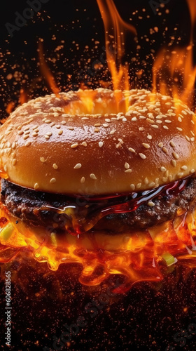 Burger burns marks on bread oil juicy chili sauce on black background. Generative AI illustrations