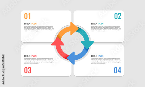 Infographic arrow cycle with four steps or options. Process, Strategy, Planning, Chart. Vector illustration.
