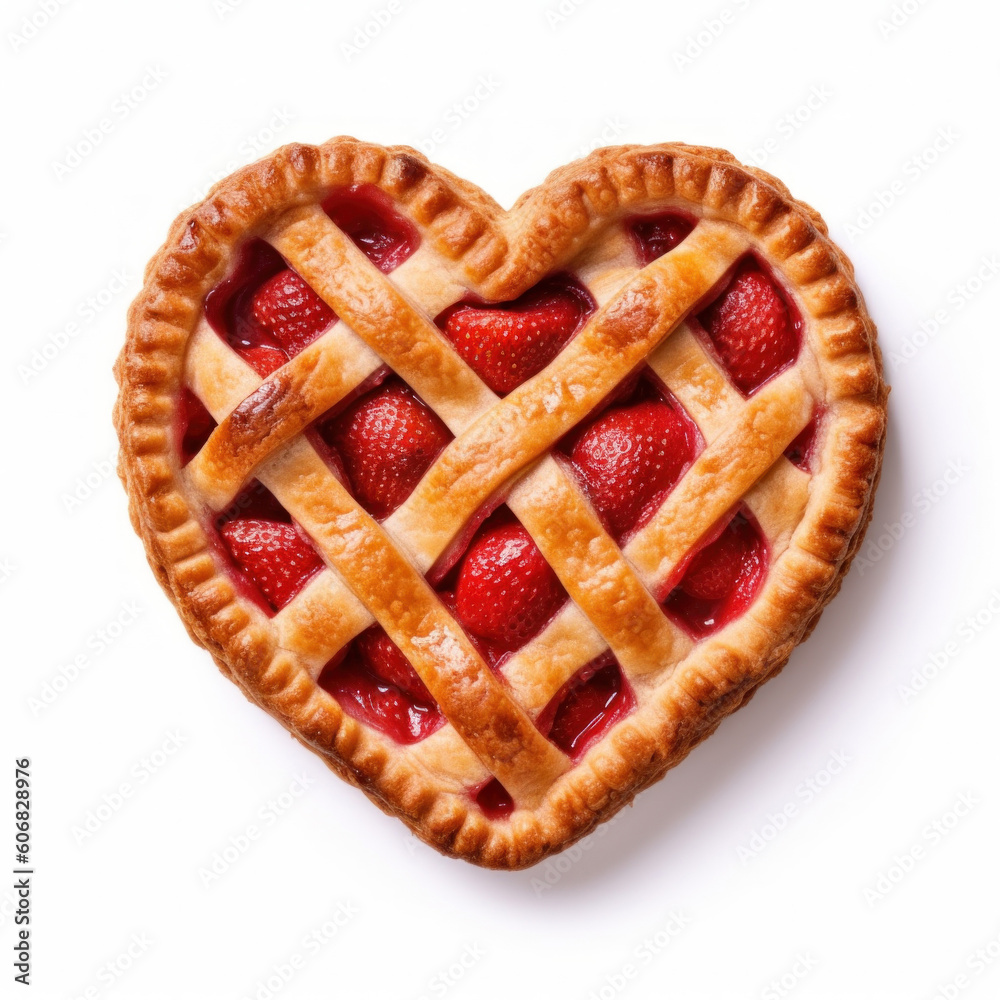 Strawberry pie in form of heart. Top view on white background. AI generative - obrazy, fototapety, plakaty 