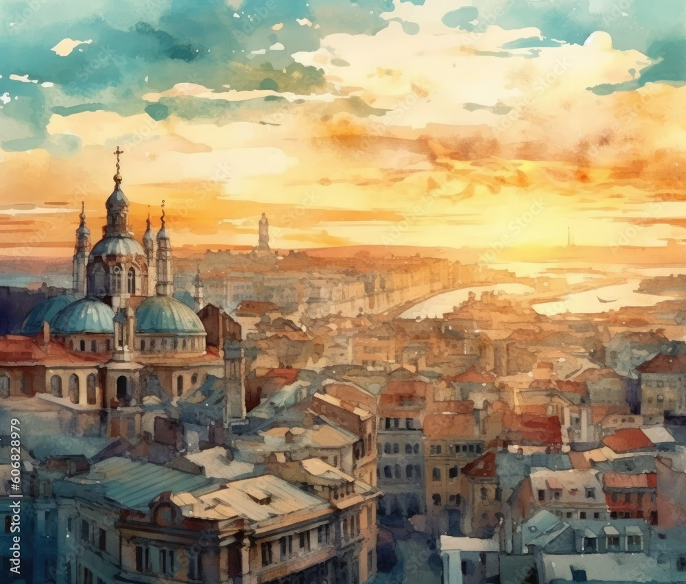 Watercolor beautiful sunset view of old town and city Generative Ai