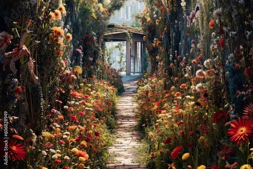A path full of flowers watercolor illustration Generative AI 