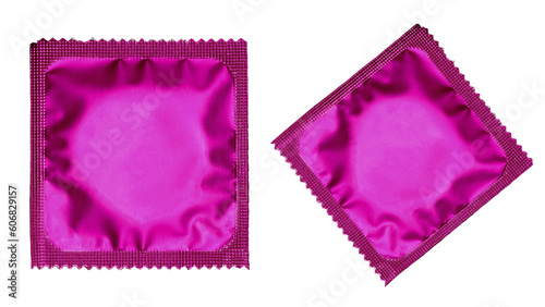Close up of a pink condom on white background, wrappers in square and rectangle packaging on white background - Clipping Path.