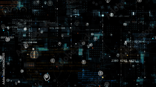 Blue digital artificial intelligence (AI) icon and data matrix simulation with futuristic HUD screen technology on black abstract background