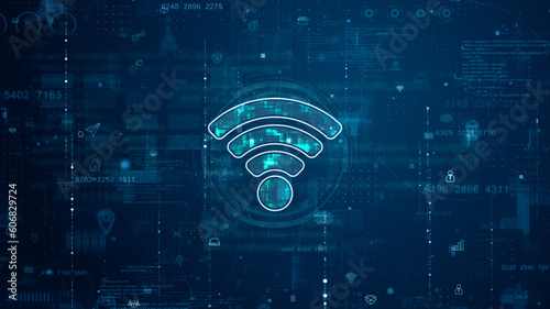 Blue digital WIFI logo and futuristic circle HUD with big data processed on grid line background and technology ai icon screen abstract background wireless connection concepts