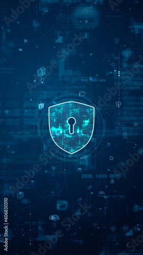 Blue digital security shield logo and futuristic circle HUD with big data processed on grid line and technology ai icon screen abstract background network secure vertical video