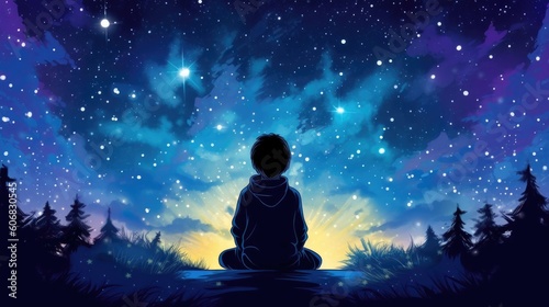 A boy gazes at the starry sky with glitter glow. (Generative AI)