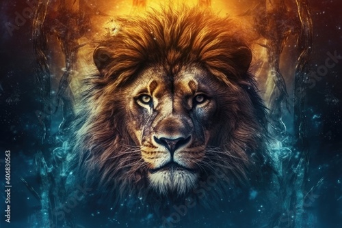 A poster featuring a lion portrait was created.  Generative AI 