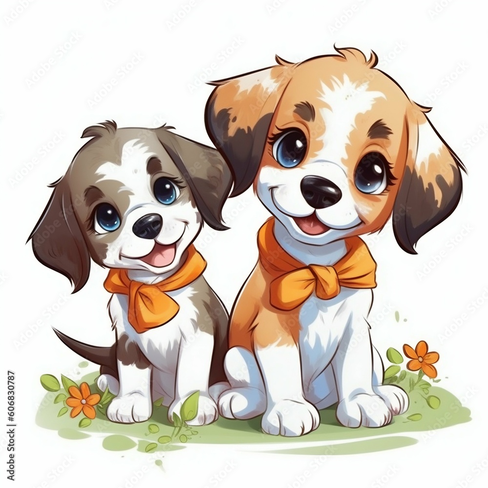 Cartoon Cute Puppies on White Background. Generative ai Cartoon Cute Puppies on White Background. Generative ai