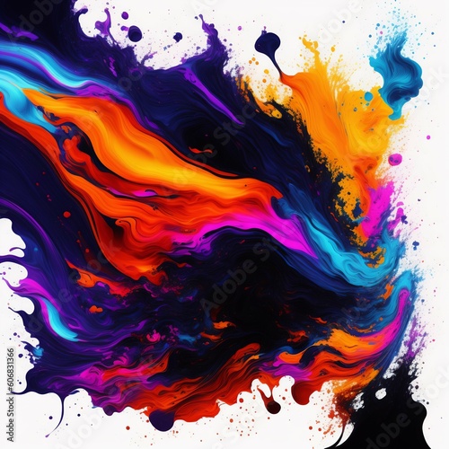 Vibrant and dramatic eruption of colorful ink splats in a gorgeous blazing style with distressed blotches and splots. Blending of rainbow colors. Digital art.