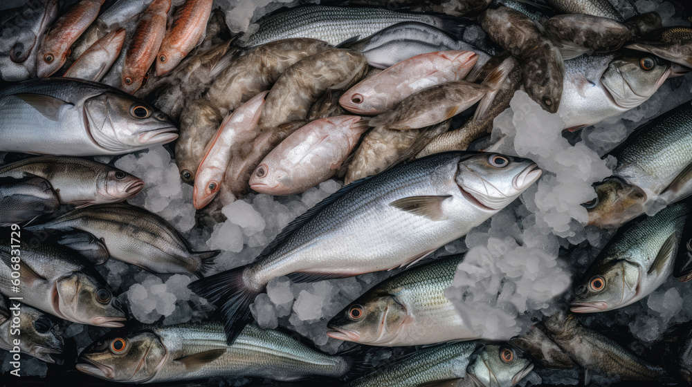 Obraz premium A lot of freshly caught seafood on ice at food market