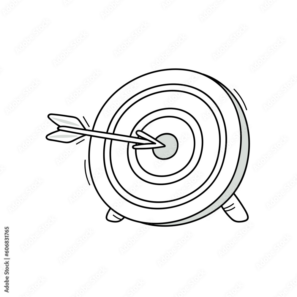 Target. The arrow hits the center. Accuracy. Concept icon in doodle style.
