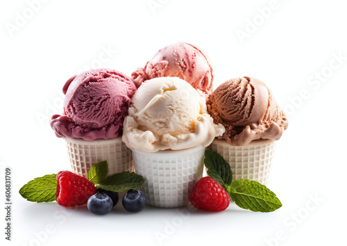 Variety of ice cream scoops in cones with chocolate  vanilla  blackberry  strawberry. generative ai
