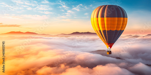 Air balloon floating through the clouds during sunrise. Generative AI © Александр Марченко