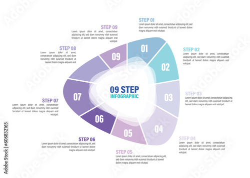 Triangle pie charts for infographics. Elements with 3, 4, 5, 6, 7, 8, 9, 10 steps, options. in an abstract shape.