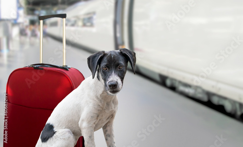 Holiday vacation dog waiting in train station ready to board the train at station, luggage or bag to the side