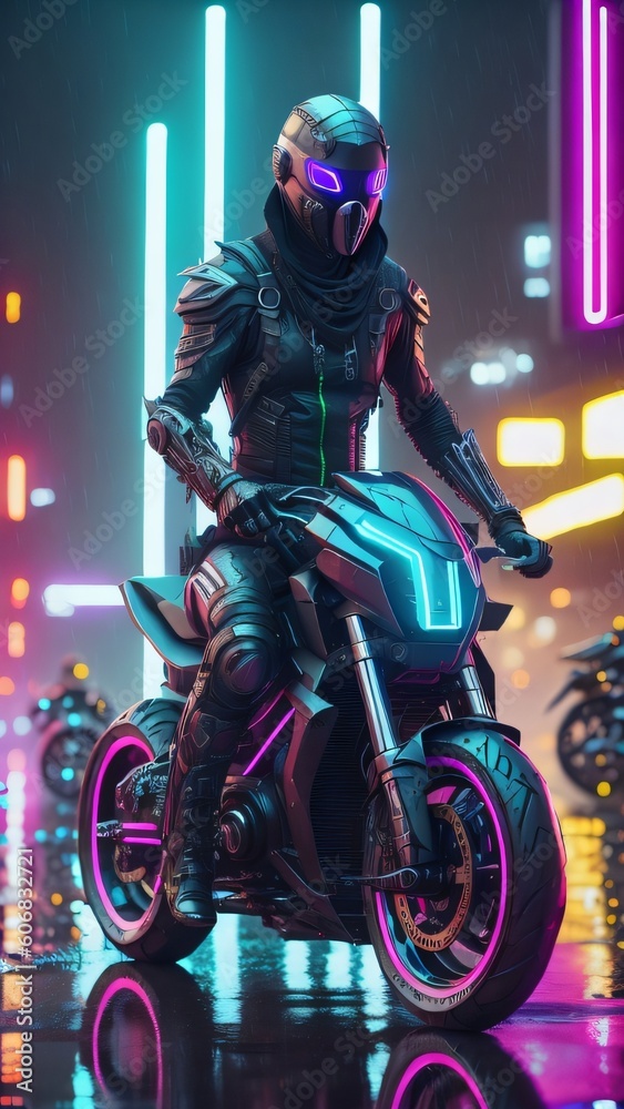 person riding a motorcycle, futuristic cyberpunk masked assasin, riding a motorcycle, neon light, open road, cyberpunk city