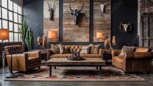 Living room decor, home interior design . Industrial Rustic style with Brick Wall decorated with Metal and Wood material . Generative AI AIG26. photo
