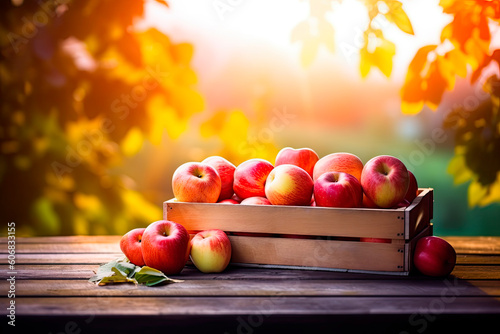 Apples in a wooden box on the table at sunset. Generative AI