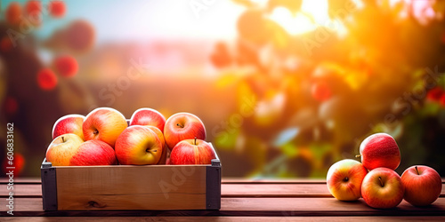 Apples in a wooden box on the table at sunset. Generative AI