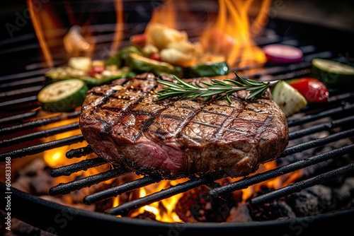 Sizzling Steak Delight. Perfectly Grilled. Medium Rare Juicy Steak with Rosemary
