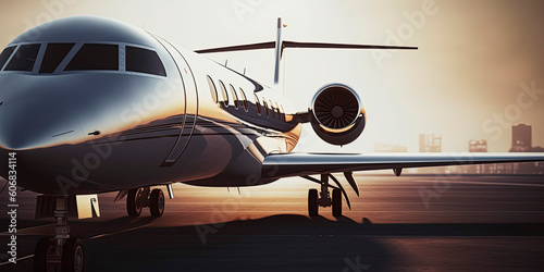 Close-up of a business jet parked outside. Generative AI