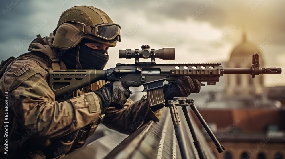 Soldier with Sniper Rifle in Hand on the Roof. Generative ai Soldier with Sniper Rifle in Hand on the Roof. Generative ai