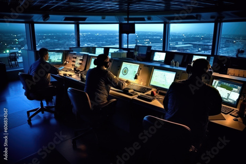 air traffic controllers on control tower room. generative ai