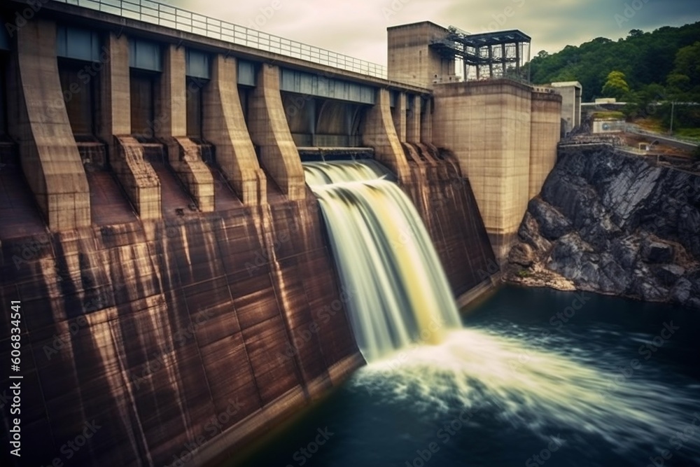 Hydroelectric Dam with Rushing Water Flowing. Generative ai Hydroelectric Dam with Rushing Water Flowing. Generative ai