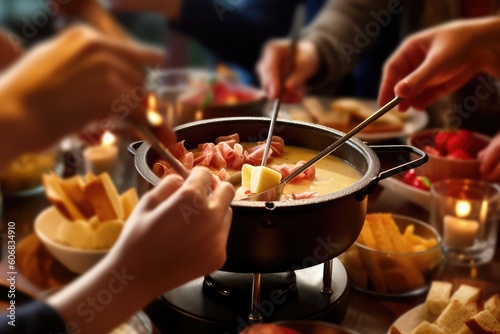 cheese fondue with fondue set, crouton of bread and many cheese, AI Generated