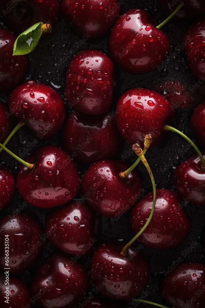 Fresh cherries seamless background, adorned with droplets of water Fresh cherries seamless background, adorned with droplets of water