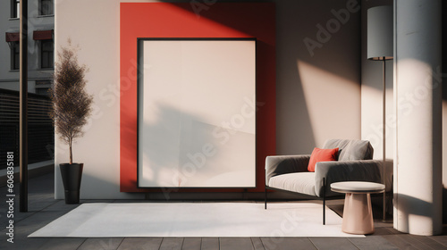 Urban Interior Design with Blank Mockup Frame Poster, 3D Render, 3D Illustration
