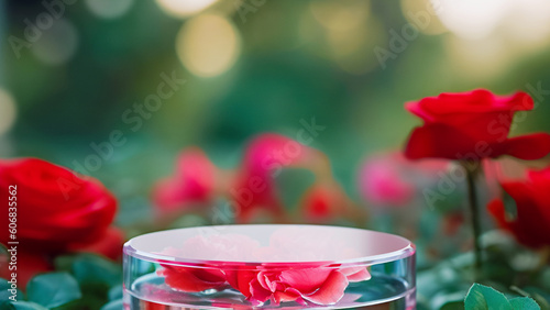 Round glass platform on blurred garden background with blooming red rosess. Show case for natural cosmetic products. Concept scene stage for new product, promotion sale and presentation. Generative ai photo