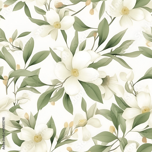 Floral seamless pattern with white flowers. Botanical background. AI Illustration. For wallpaper, prints, fabric design, wrapping paper, surface textures, digital paper.