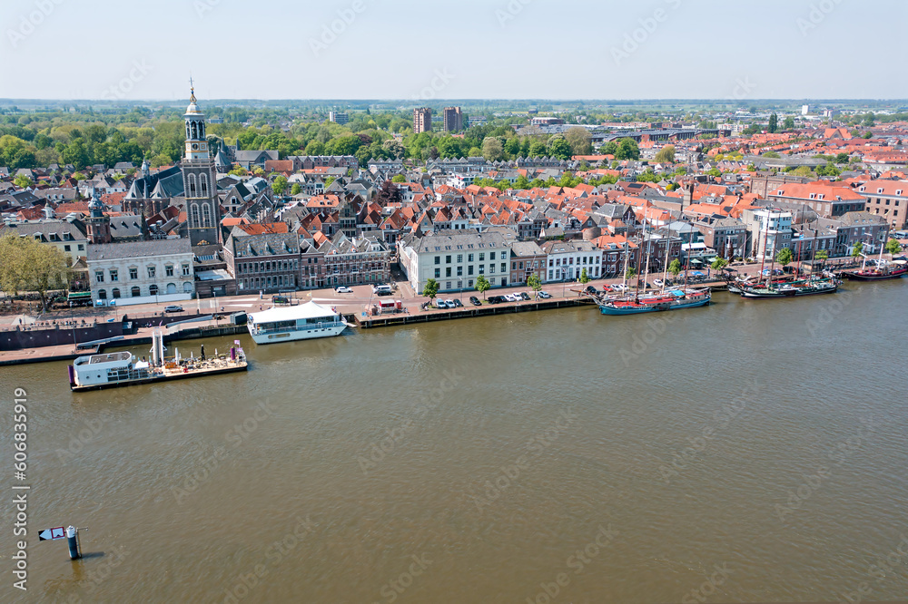 Aerial from the historical city Kampen at the river IJssel in the Netherlands