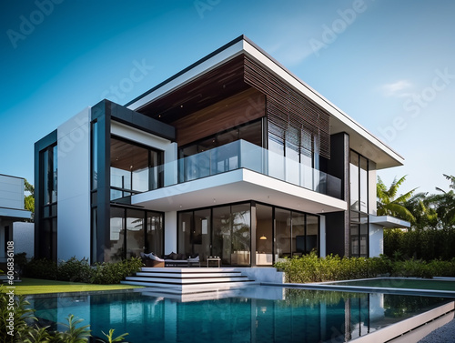 The view of the exterior facade of a modern and luxurious 2-story house decorated with a beautiful landscape around it. Has a large and wide glass window for natural lighting of the interior space.