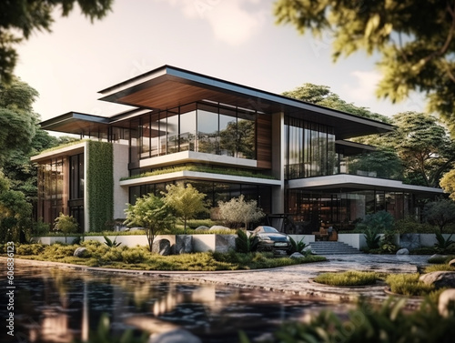 The view of the exterior facade of a modern and luxurious 2-story house decorated with a beautiful landscape around it. Has a large and wide glass window for natural lighting of the interior space. © Aisyaqilumar